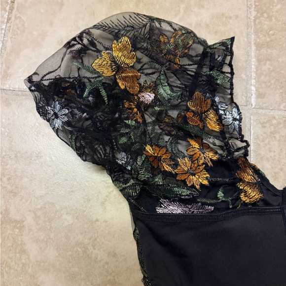 Sheer Floral Puff Sleeve Bustier Crop Top | Black Mesh Festival Party S/M - Picture 5 of 9